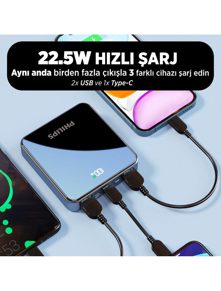 Philips 10000 mAh Powerbank 22.5W PD 4 Portlu LED Göstergeli Taşınabilir Hızlı Şarj Cihazı Philips 10000 mAh Powerbank 22.5W PD 4 Portlu LED Göstergeli Taşınabilir Hızlı Şarj Cihazı